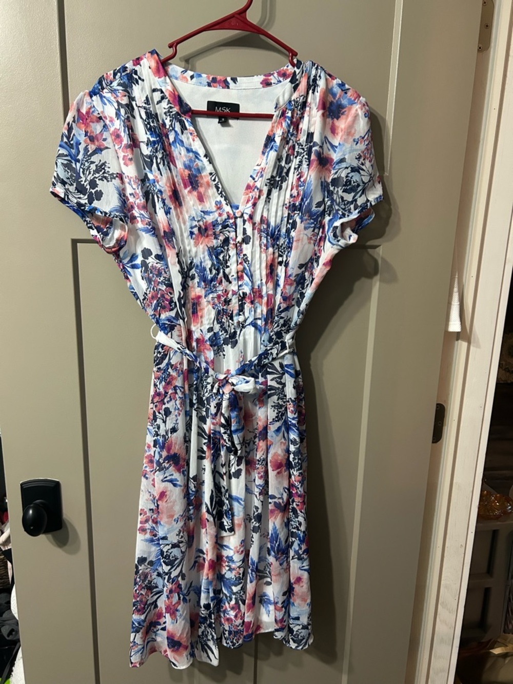 MSK White Floral Midi Dress with Blue and Pink Blooms